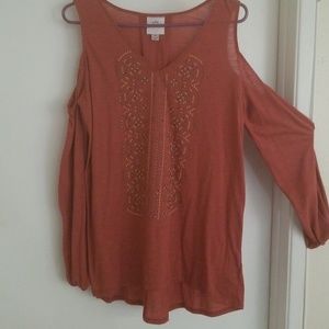 Burnt orange peep shoulder blouse